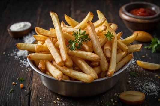 Pommes Frites mit Ketchup im Hintergrund